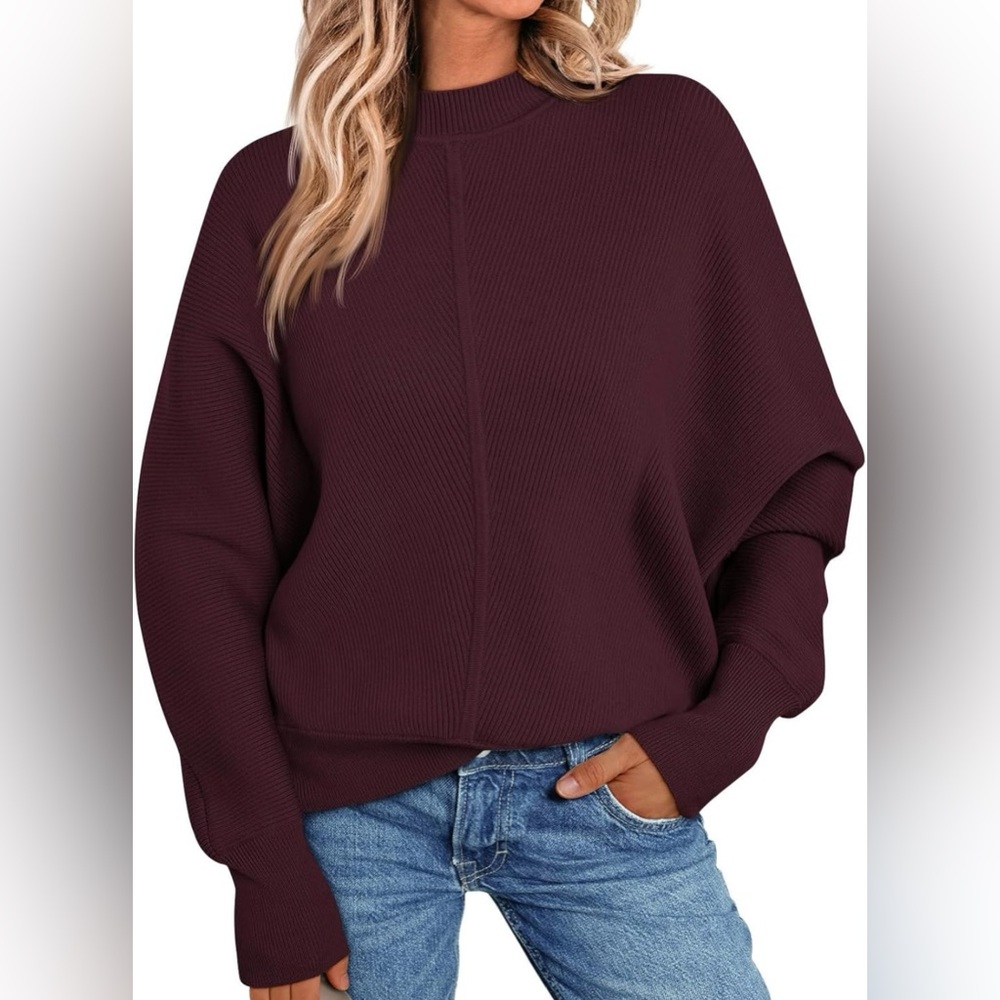 Gorgeous High Neck Burgendy Long Sleeve Knit Sweater Detail Line Down The Front💜